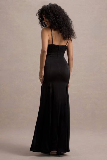 Ashly Black Satin Maxi Dress With Volume Hem